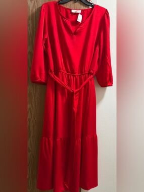 Lucky Brand Red Long Sleeve Midi Dress with Tie Waist